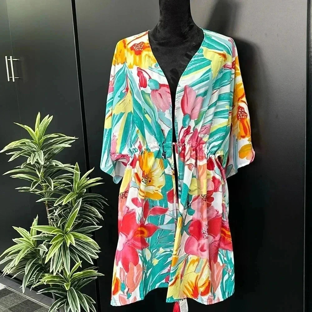Gypsie Blu Tripical floral print Coverup,mid sleeve,tie adjustable waist,tassels
